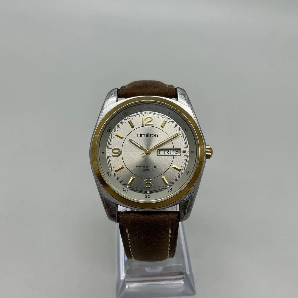 Armitron 20/1225 Mens Watch 38mm Silver Tone Brown Leather Day Date New Battery